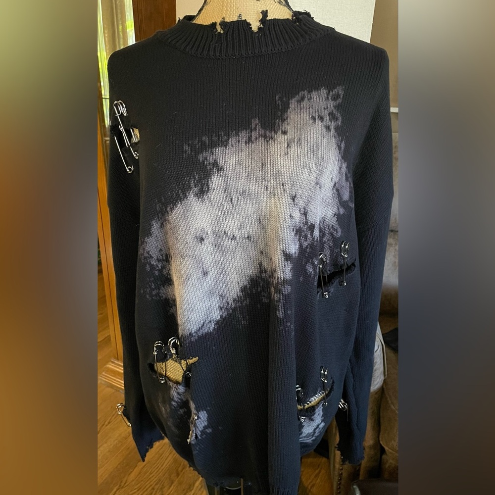 Aelfric Eden Black Distressed Sweater with Safety Pins